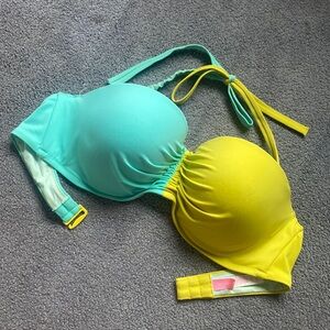 Victoria Secret 36D Swimsuit Bikini Bandeau Neon Teal Green Yellow